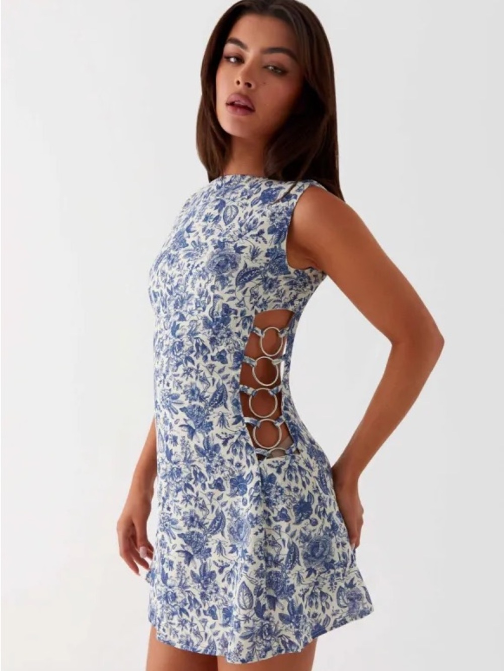 NWOT Peppermayo Indigo Bloom Linen Mini Dress Blue Floral Ring Cutout US 18 Plus
